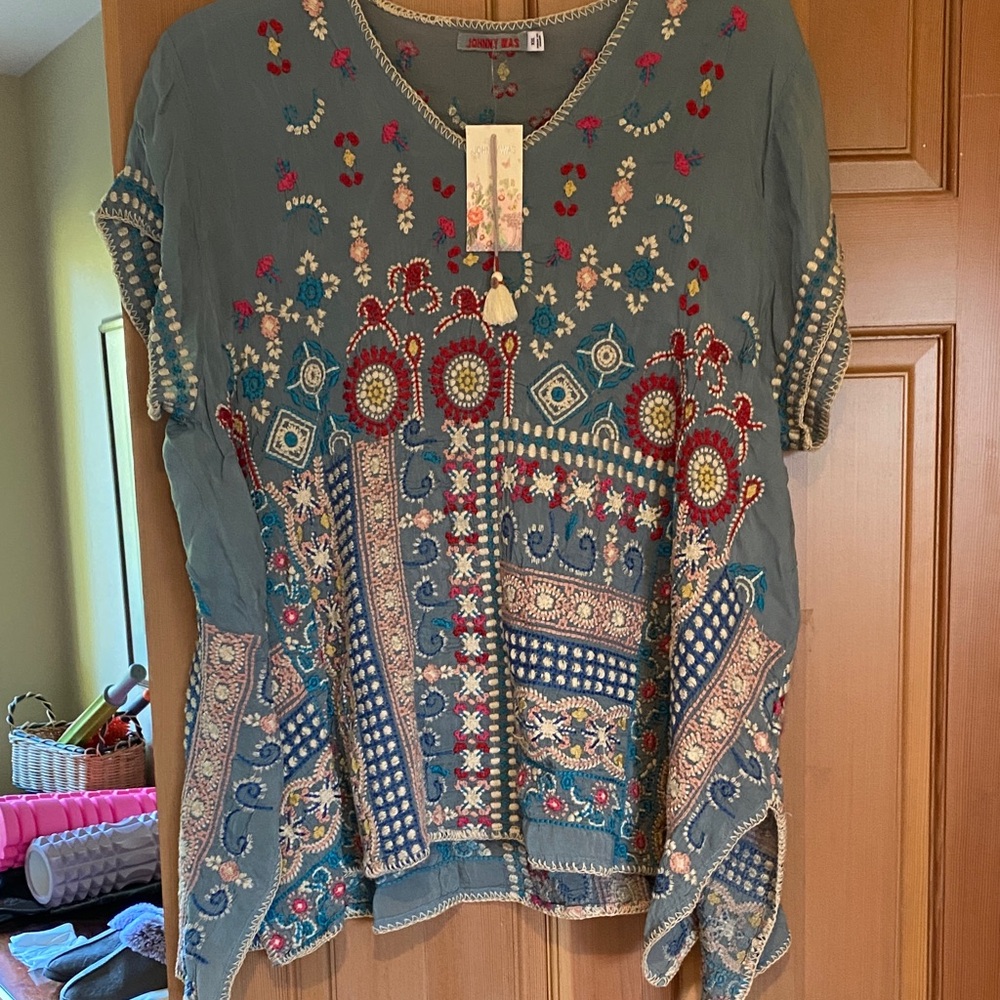 Johnny Was Blue Embroidered Blouse with Multicolor Floral Patterns